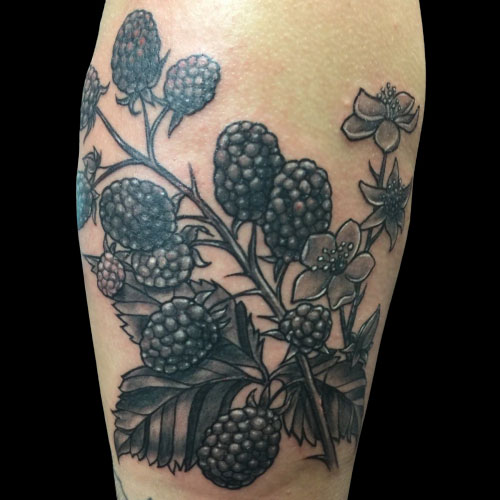Tiny blackberry tattoo on the shoulder.